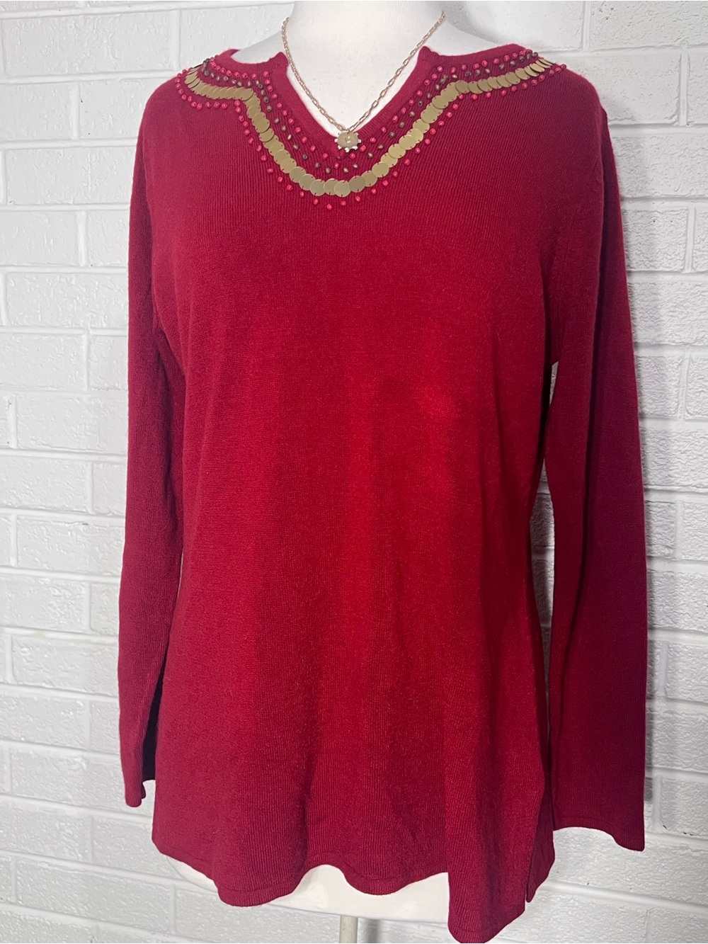 Notations Burgundy Long Sleeve V-Neck Top with Gold Sequin Detail